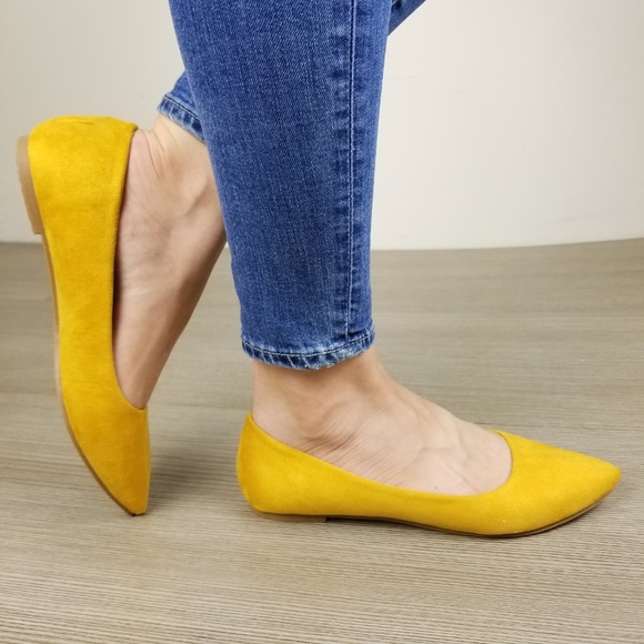 Mustard Yellow Vegan Suede Pointy Toe Flat Shoes - Picture 7 of 8